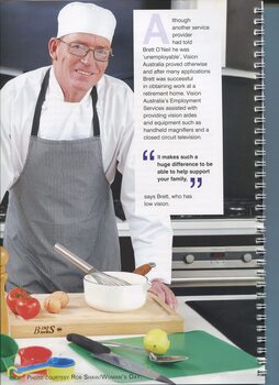 Brett O'Neil in a chef's uniform in a commercial kitchen
