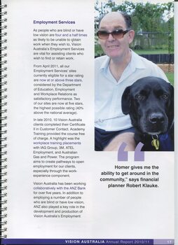 Overview of Employment Solutions division and image of Robert Klauke with Seeing Eye dog Homer
