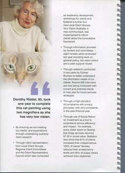 Description of partnerships with clients continued.  Image of Dorothy Riddel and her cat painting.
