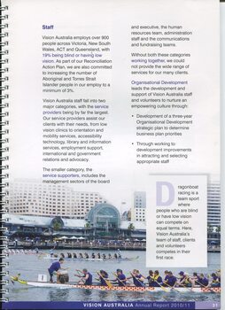 Partnerships with staff.  Image of Vision Australia staff, clients and volunteers participating in their first dragon boat race