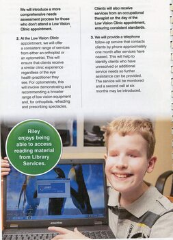 Service model designed for adults.  Riley holds a computer which has JAWS.