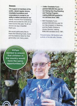 Acknowledgement and thanks to donors, including Bill who holds a photo of his late wife Jan