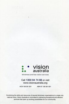 Vision Australia logo, address and other contact information as well as merger acknowledgement