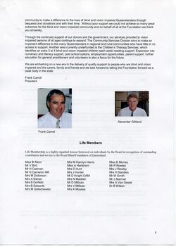 Portrait of President Frank Carroll and CEO Sandy Gilliland and listing of Life Members