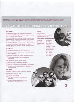 Life Members listing, brief history of organisation, mission statement and board listing.  Three black and white photos of a school child at computer, young child with glasses and teens