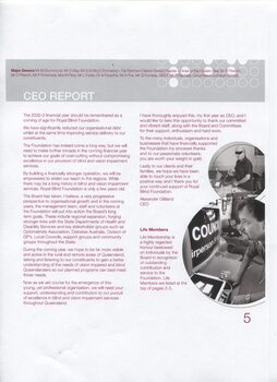 Major Donors listing, CEO's report, man at workbench using a pressing tool, and man looking at CCTV