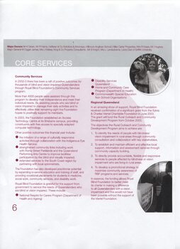 Major Donors listing, overview of achievement in Community Services and to Regional QLD, girl stands next to dog in harness, woman looking at CCTV