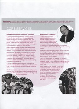 Major Donors listing, overview of achievement in Training and Placement and Marketing and Fundraising, portrait of Chris Handy, children meeting QLD Bulls and kids outside