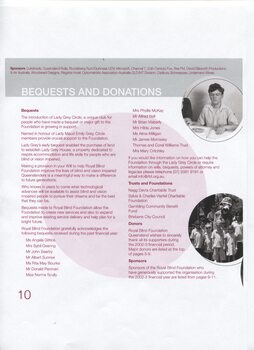 Major Sponsors listing, overview of bequests, blind young man reading Braille, kids with Eagle Boys pizza mascot