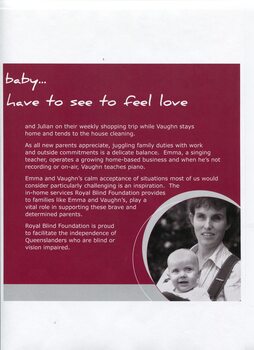 Woman holding a baby and story about blind parents Emma and Vaughan and baby Julian