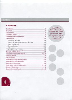Contents page and grey circles, one with maroon lettering