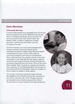 Overview and achievements of Community Services. Picture of man at computer and a girl smiling.