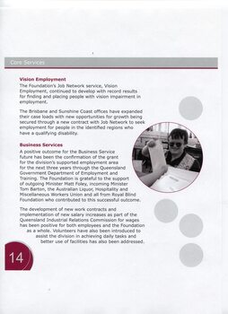 Overview and achievements of Vision Employment and Business Services and picture of woman handing an envelope to someone