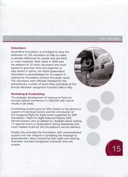 Overview and achievements of Volunteers and Marketing & Fundraising and picture of man in light plane hugging a young girl