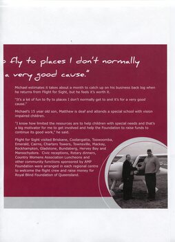 Interview with Michael Coates, volunteer pilot of AMP Flight for Sight appeal, and picture of Michael shaking hands with another man, next to light plane
