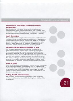 Corporate governance information including audit committee, risk controls and code of ethics