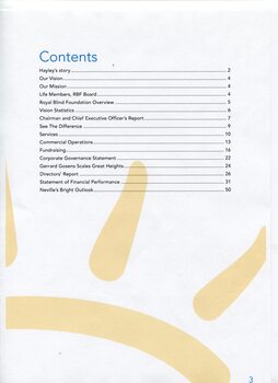 Contents page with part of orange sun drawing as a background
