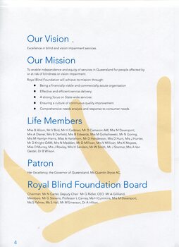 Vision and Mission of organisation, Life Members, Patron and Royal Blind Foundation board listing
