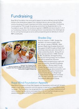 Overview and achievements of Fundraising including Shades Day and image of Ranger Stacey, Sandra Allen, Julia Price and Gerard Gosens