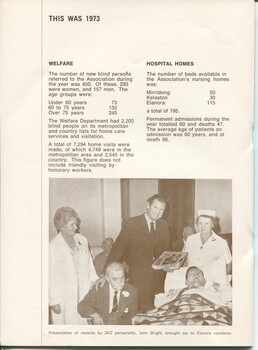 Overview of services: welfare and hospital homes. 3KZ personality John Bright gifts records to Barry Farnsworth and male resident at Elanora, whilst others look on