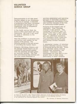 Overview of Volunteer Service group.  Patricia Heath and Edith Currell at the opening of the Geelong Regional Day Centre.