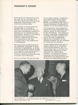 President’s report with picture of John Wicking, Sir Henry Bolte & Sir Rohan Delacombe at launch of 1974 appeal