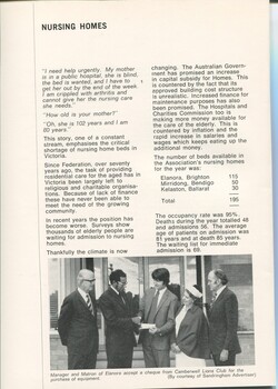 Overview of nursing homes.  Elanora manager and matron receive cheque from three men on behalf of Camberwell Lions