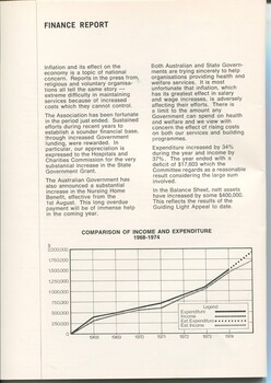 Finance report with graph of income sources and expenditure comparison