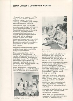 Overview of Blind Citizens Community Centres. One woman teaches another to type. Two ladies sit as another cuts her hair.