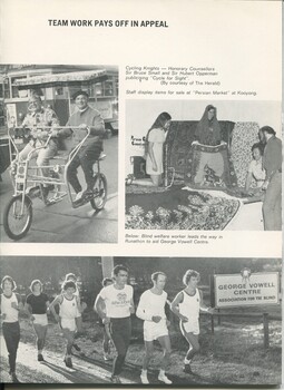 Images of Bruce Small and Hubert Opperman on tandem tri-wheeler. Staff display items at Kooyong. Runner jog past George Vowell sign.