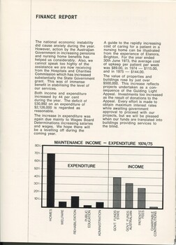 Finance report with graph of income sources and expenditure