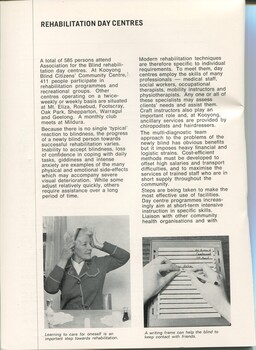 Overview of Day centres.  Woman combing her hair whilst another person uses a Millard writing frame.