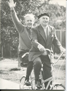 Arthur Wilkins and Hubert Opperman on a tandem cycle