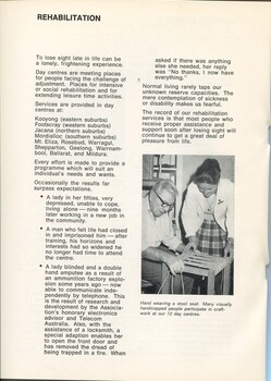 Overview of Rehabilitation. Woman assists an elderly man who is weaving a seat base.