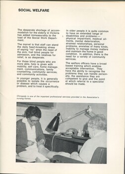 Overview of Social Welfare.  Chiropodist attends to the feet of an elderly woman.