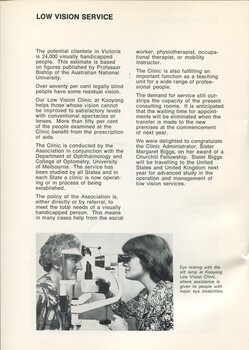 Overview of the Low Vision clinic.  Woman examines another's eyes via a slit lamp.