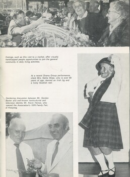 People smiling at a market.  An elderly woman dancing dressed in Scottish kilts.  Kevin Heinze and Gordon Baxter at Kooyong Family Fair.