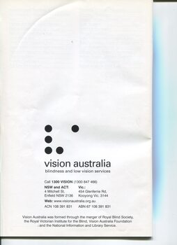 Vision Australia logo, contact information and ABN