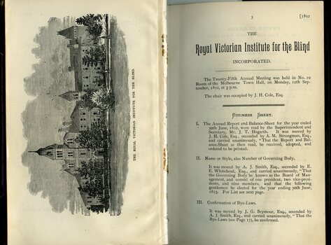 Illustration of St Kilda Road Building and front page of annual report for the RVIB