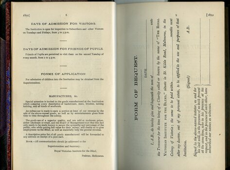 Day of Admission information for friends and visitors, Forms of application, Goods manufactured, Form of Bequest