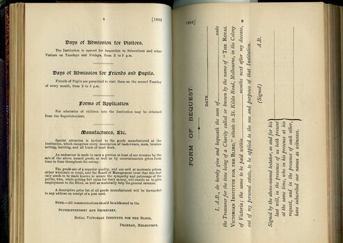 Day of Admission information for friends and visitors, Forms of application, Goods manufactured, Form of Bequest