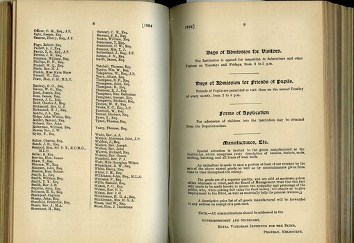 List of Life Governors, Day of Admission information for friends and visitors, Forms of application, Goods manufactured