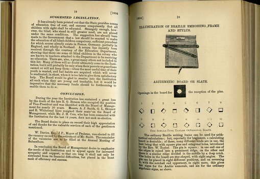 Board of Management report to public subscribers, Illustration of Braille slate, frame and stylus, and explanation of mathematical Braille