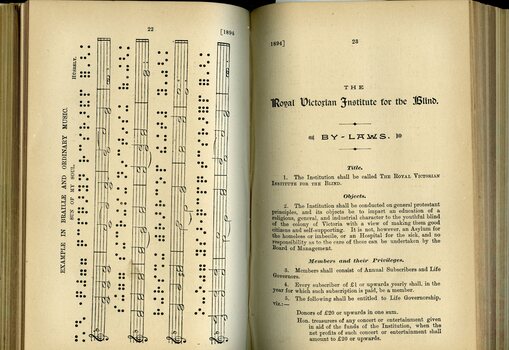 Example of printed and brailed musical score and Royal Victorian Institute for the Blind By-Laws