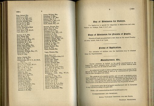 List of Life Governors and Day of Admission information for friends and visitors, Forms of application, Goods manufactured