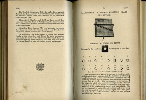 Board of Management report to subscribers and Illustration of Braille slate, stylus and frame and description of Mathematical Braille