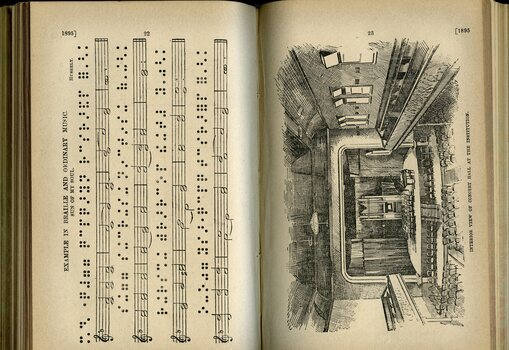Example of printed and brailed musical score and Illustration of Interior View of Concert Hall at Institute