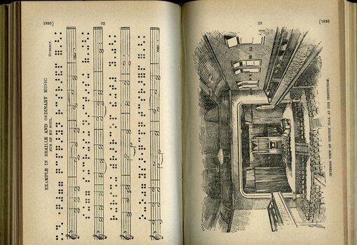 Example of printed and brailed musical score and Illustration of Interior View of Concert Hall at Institute