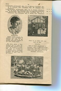 Amounts raised by Auxiliaries, picture of person with headphones on, boys sitting on merry go round and two girls playing in cubby house at RVIB