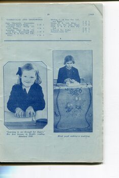 List of Public Subscribers with amounts tendered and pictures of a schoolgirl reading Braille whilst another makes a wool rug.